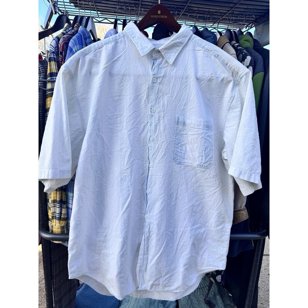 BERKLEY Designer Shirt L Men's White Button Down Soft Cotton Subtle Stripes USA